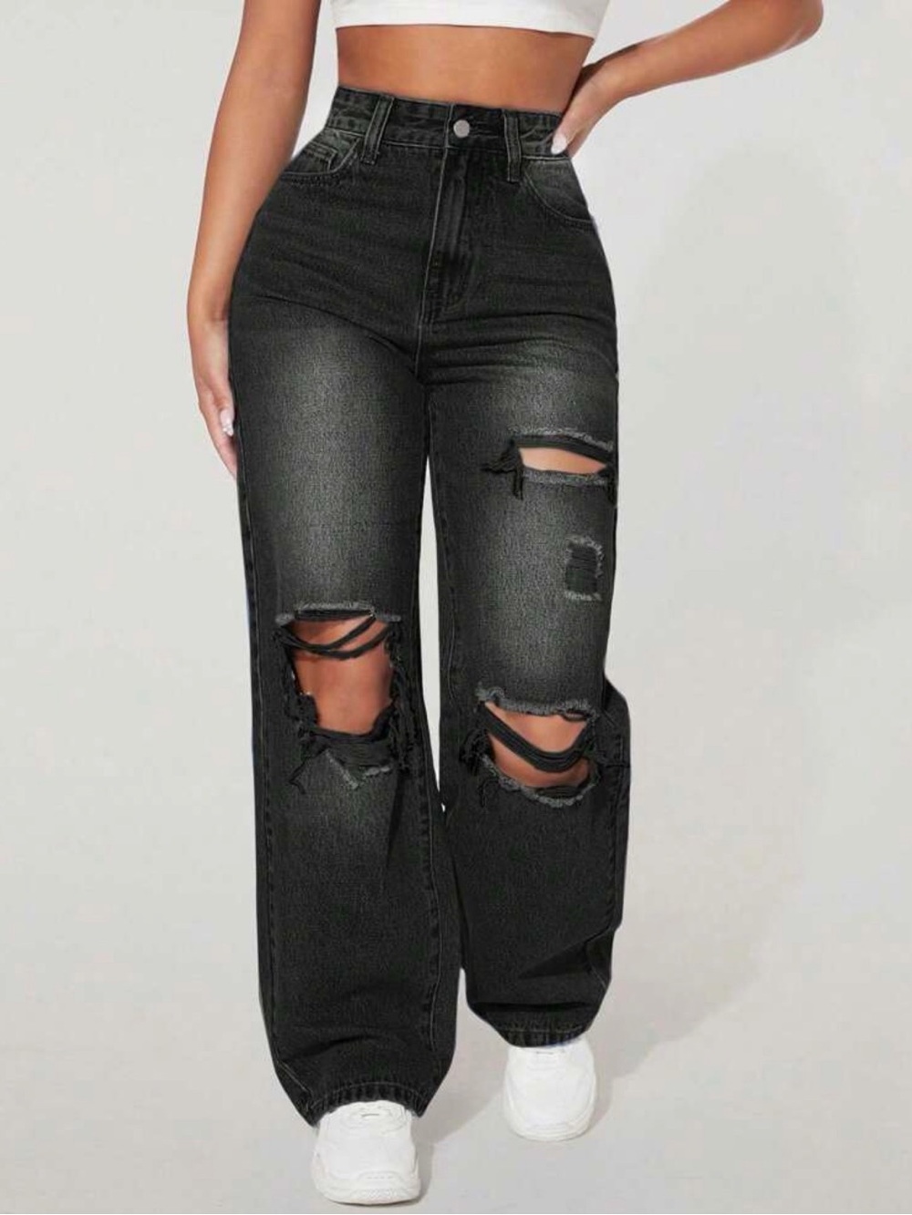 High-Rise Distressed Wide-Leg Jeans - Black